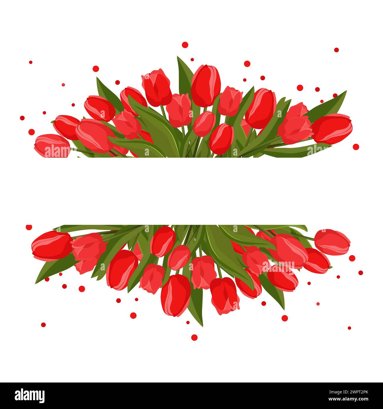 Rechteckiger Federrahmen mit roten Tulpen für Wörter und Text. Vektor-Hintergrundschablone mit Blumen für Design, Grußkarte, Banner, Brett, Flyer, Stock Vektor
