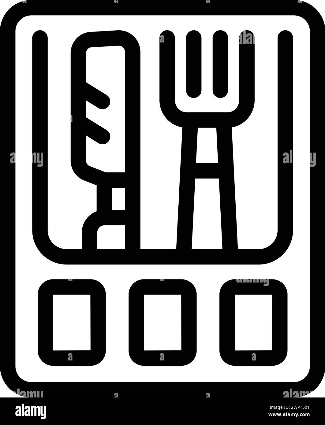 Messer und Gabel Besteck Symbol Umrissvektor. Esswerkzeuge. Kochnische Essartikel Stock Vektor