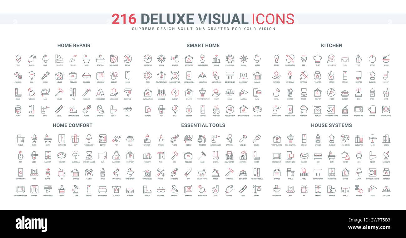 Smart-Home-System, Elektrogeräte und moderne Raummöbel, Reparatur- und Wartungsgeräte-Symbole. Kochwerkzeuge für das Kochen in der Küche, dünne schwarze und rote Symbole Vektorillustration Stock Vektor