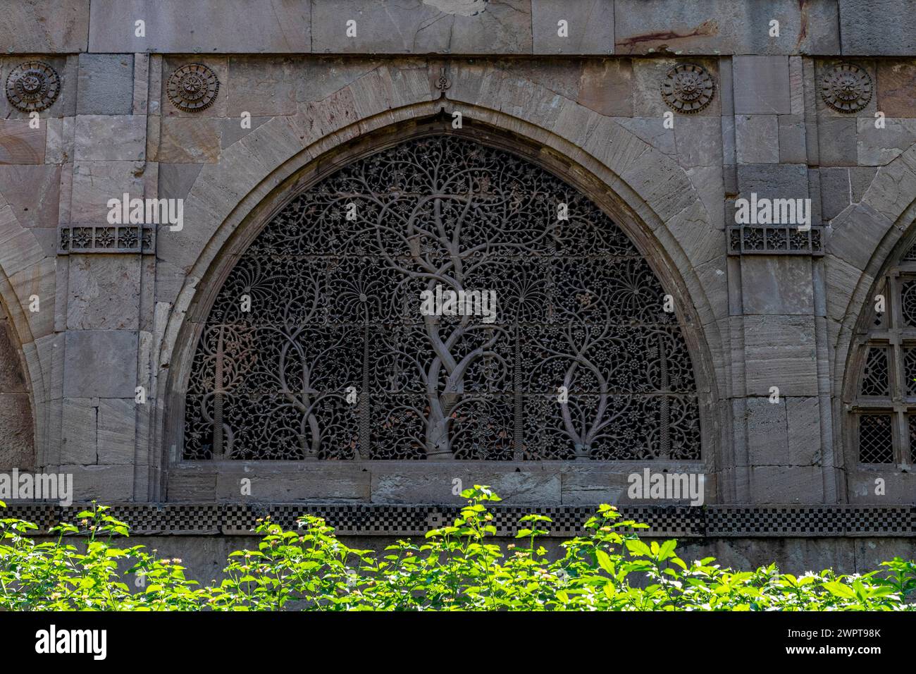 Wunderschönes verziertes Fenster in der Sidi Saiyyed Moschee, UNESCO-Stätte, Ahmedabad, Gujarat, Indien Stockfoto