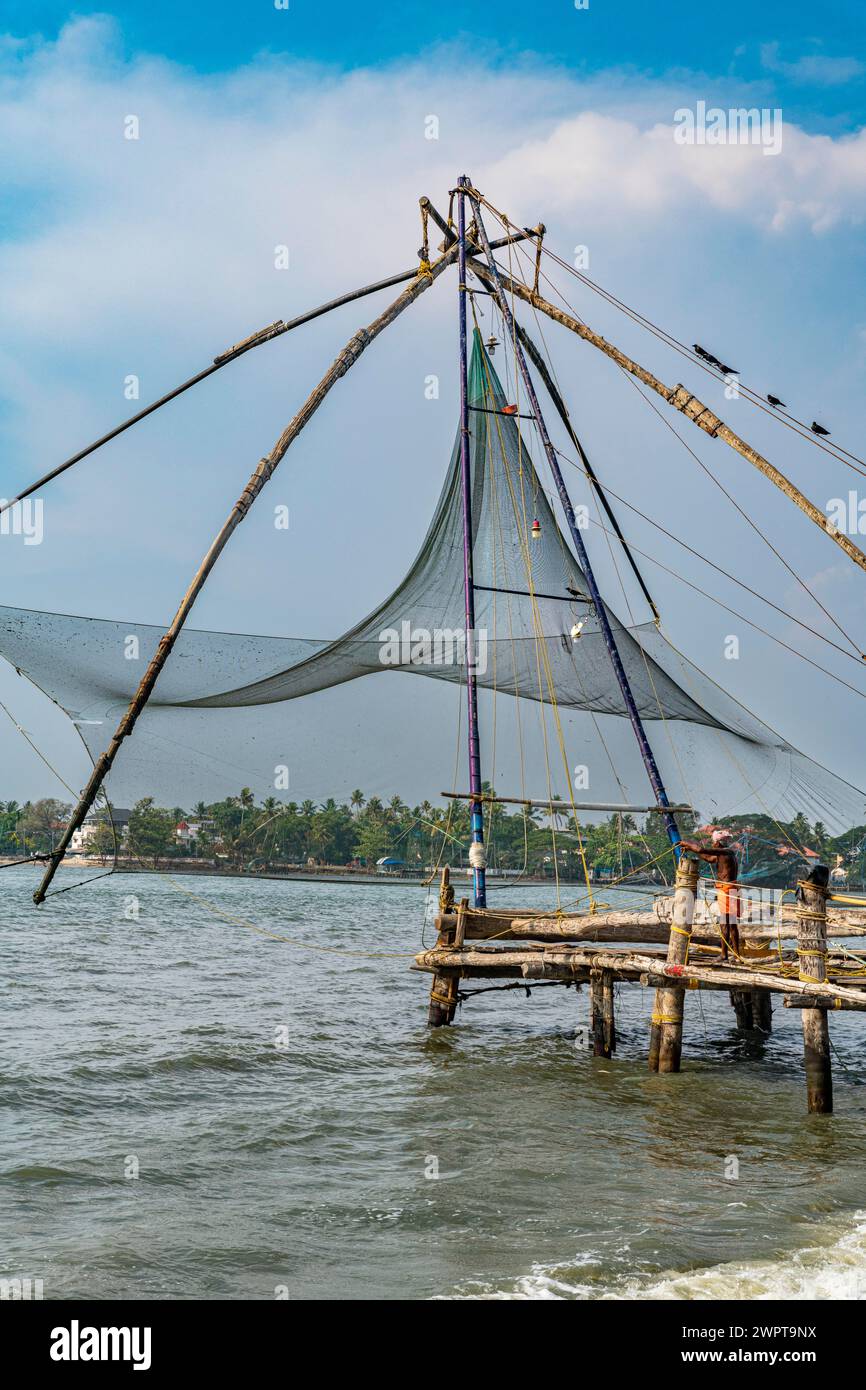 Chinesische Fischernetze, Kochi, Kerala, Indien Stockfoto