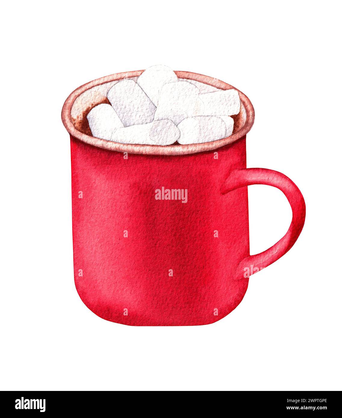 Aquarellkakao mit Marshmallows in einem roten Becher. Handgezeichnete Illustration isoliert auf weiß Stockfoto