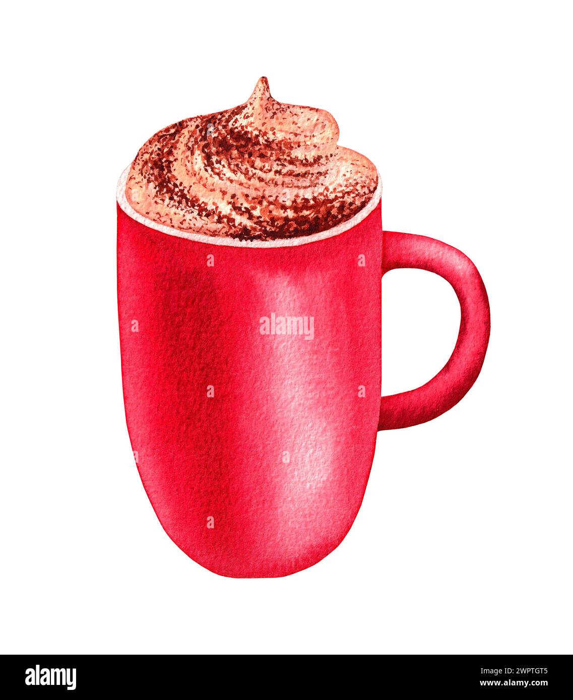Heiße Schokolade mit Schlagsahne. Winter-Weihnachtsgetränk, rote Tasse Aquarellillustration, isoliert auf weißem Hintergrund. Stockfoto
