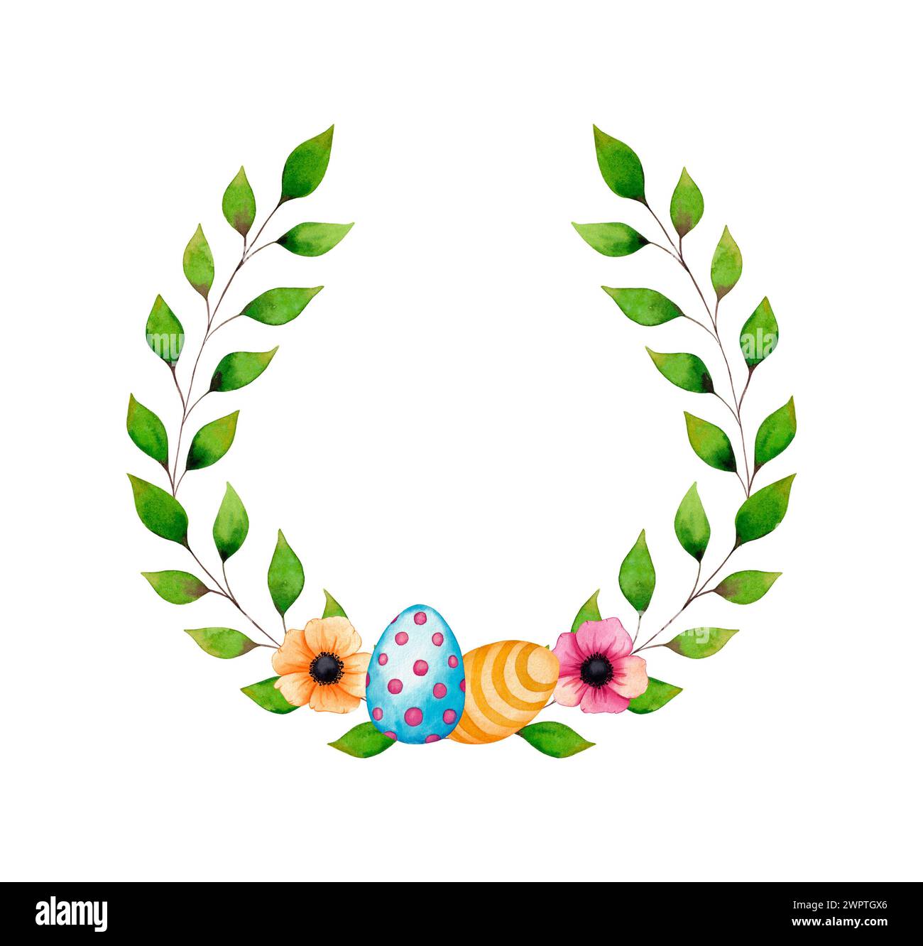 Osterkranz mit Aquarell. Anemonen Blumen, Blätter, Eier. Handgezeichnete Illustration für Einladungen, Grußkarten, Poster Stockfoto