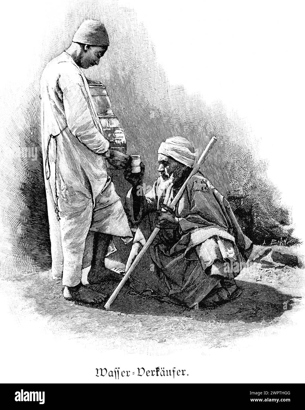 Wasserverkäufer in Kairo, Ägypten, zwei Männer, alter Mann, Turban, Stock, Wasserglas, Afrika, historische Illustration 1890 Stockfoto