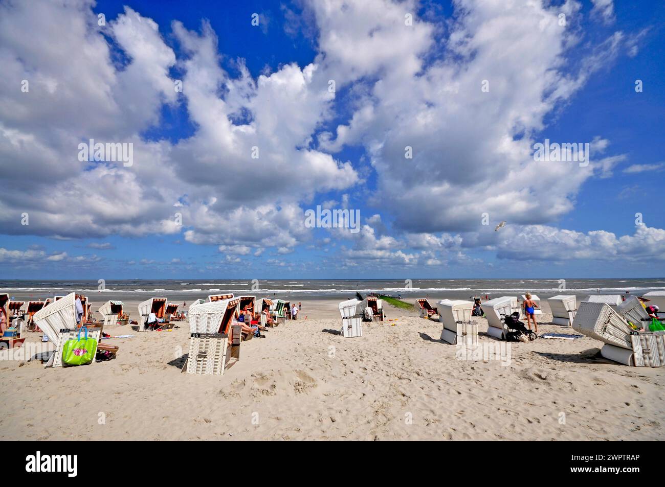 Insel Wangerooge, Liegestühle am Strand, Ostfriesland, Niedersachsen, Bundesrepublik Deutschland Stockfoto