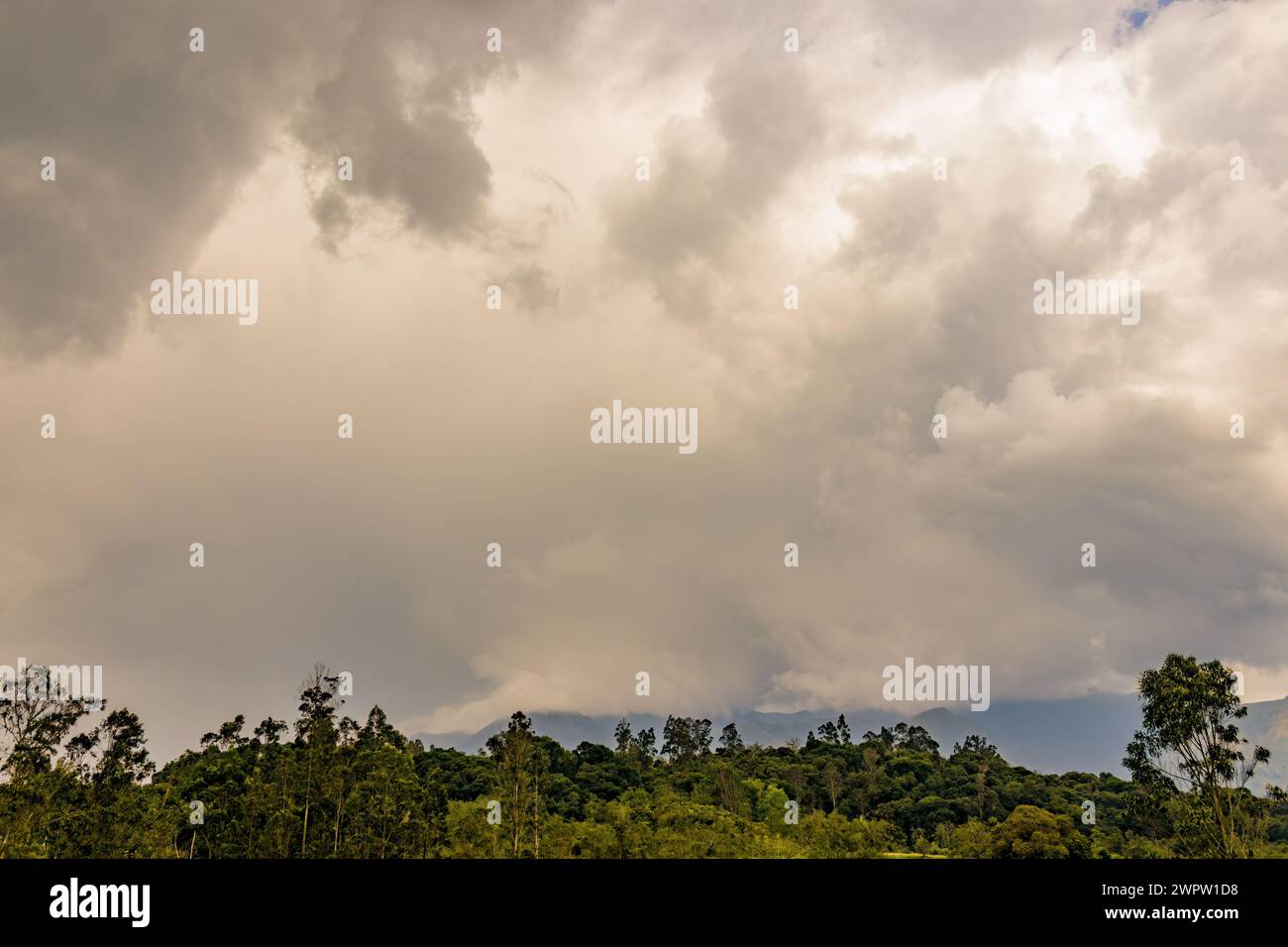 Bedeckter Himmel über den östlichen Andenbergen Zentral-Kolumbiens, in der Nähe des Flora- und Fauna-Schutzgebiets der Iguaque. Stockfoto