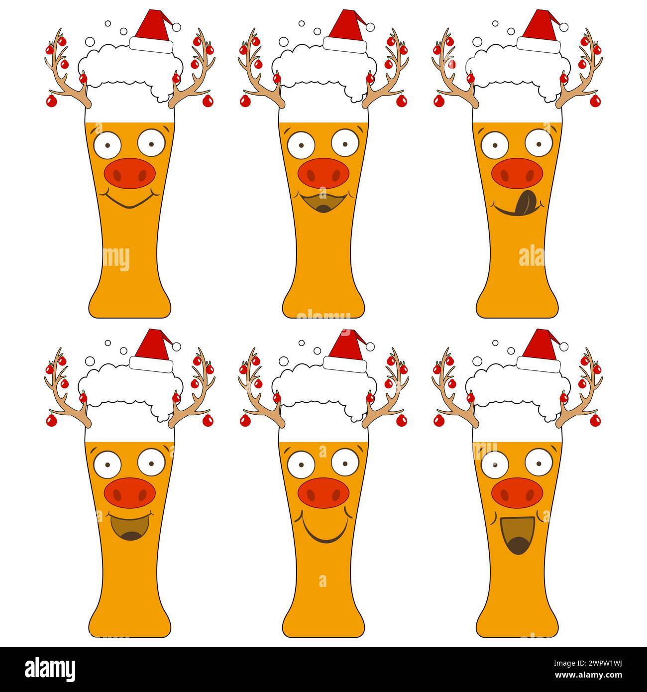 Weihnachtsbiergläser in weihnachtsmannhüten mit Stiergesichtern und Hörnern. Die lustigen Charaktere lachen und lächeln. Isolierte Vektor-Neujahrsillustrationen. Stock Vektor