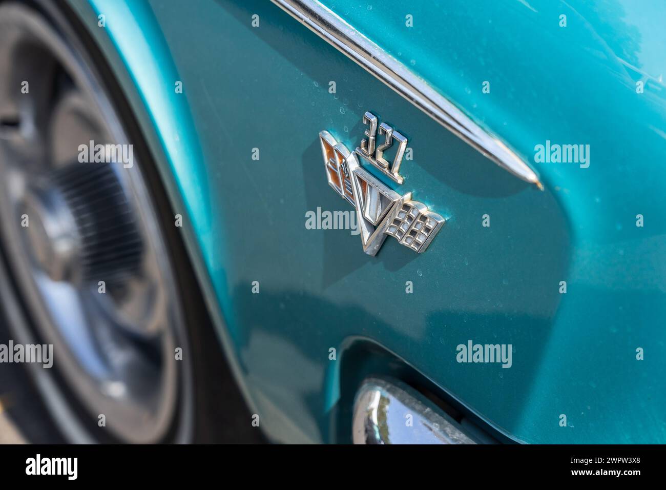 LINTHE, DEUTSCHLAND - 27. MAI 2023: Details des Großwagens Chevrolet Bel Air, Nahaufnahme. Die Oldtimer Show 2023. Stockfoto
