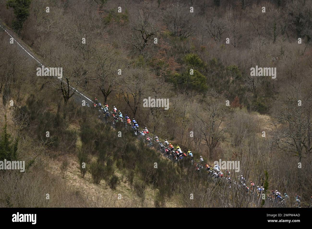 Die Spiele während des 59. Tirreno-Adriatico 2024, Etappe 6 einen Kilometer von Sassoferrato nach Cagli (Monte Petrano) am 09. März 2024 in Cagli (Monte Petrano), Marken, Italien. (Foto: Fabio Ferrari/LaPresse) Credit: LaPresse/Alamy Live News Stockfoto