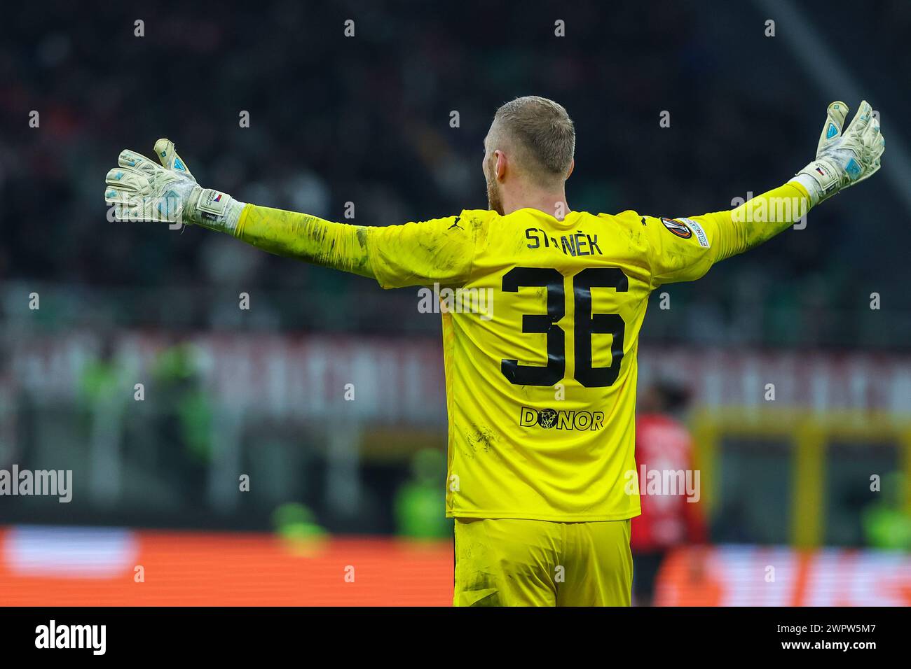 Mailand, Italien. März 2024. Jindrich Stanek von SK Slavia Praha reagiert beim Achtelfinale der UEFA Europa League 2023/24 - 1. Legs-Fußballspiel zwischen AC Mailand und SK Slavia Praha im San Siro Stadium, Mailand, Italien am 07. März 2024 - Foto FCI/Fabrizio Carabelli (Foto FCI/Fabrizio Carabelli/SIPA USA) Credit: SIPA USA/Alamy Live News Stockfoto