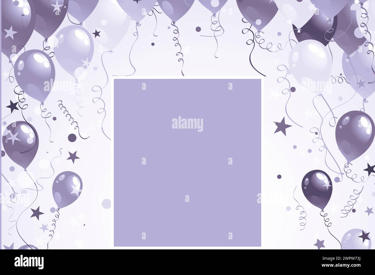 Festlicher Grußkartenhintergrund in lila Tönen mit Ballons und Sternen, perfekt für Geburtstage und besondere Anlässe. Vektorabbildung Stock Vektor