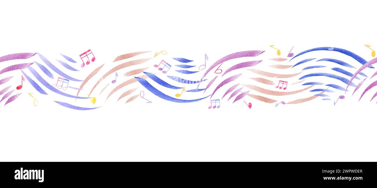 Nahtlose Grenze mit abstrakten Musikwellen und Musiknoten. Mehrfarbige Notizsymbole. Musikalische niedliche Atmosphäre. Aquarellillustration für Textilien Stockfoto