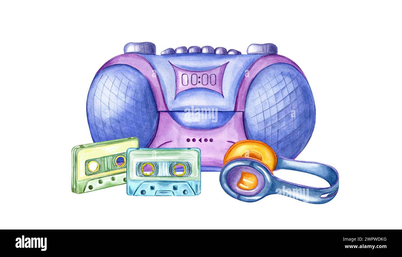 Boombox-Player, zwei Audiokassetten und Kopfhörer. Kassettenrekorder, Ohrhörer zum Musikhören. Retro-Stil der 90er, 2000er Jahre. Musik, Sound, Playlist Stockfoto