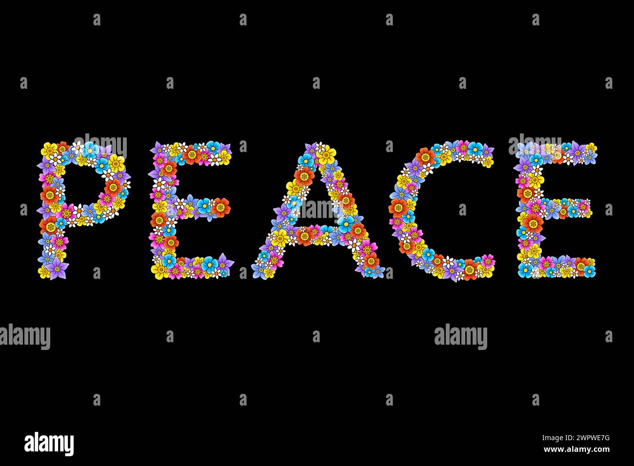 PEACE-Schriftzug aus bunten Fantasy-Blumen. Zahlreiche leuchtende Blüten sind zufällig angeordnet, um das englische Wort FRIEDEN ZU bilden. Anti-Kriegs-Symbol. Stockfoto