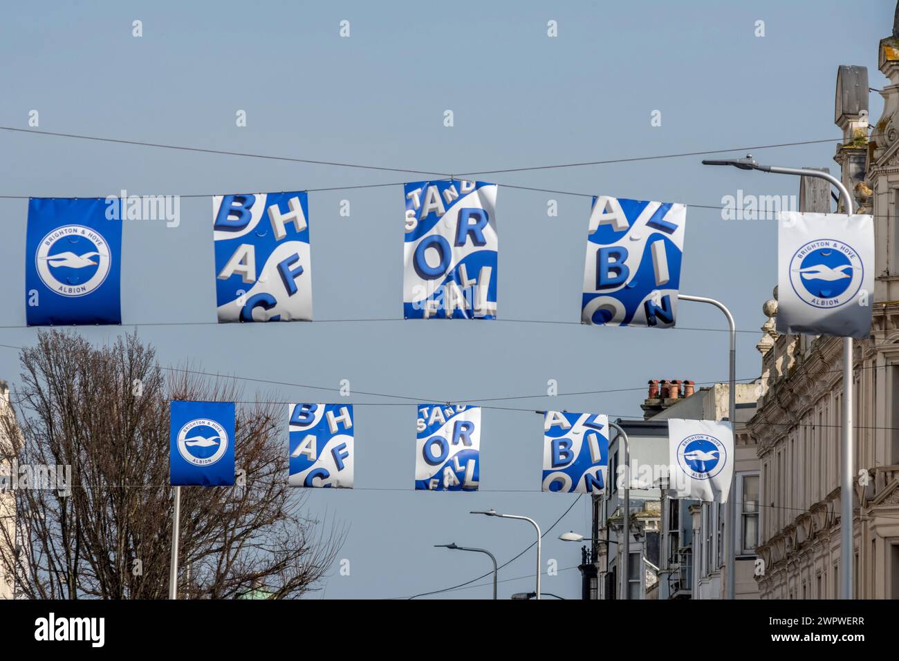 Brighton, 8. März 2024: City Centre Banner für Brighton und Hove Albion FC Stockfoto