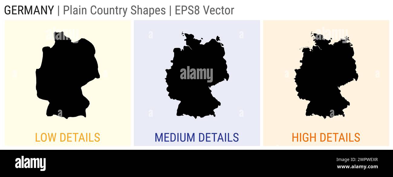 Deutschland - einfache Landform. Detaillierte Karten von Deutschland mit niedriger, mittlerer und hoher Detailtiefe. EPS8 Vektordarstellung. Stock Vektor