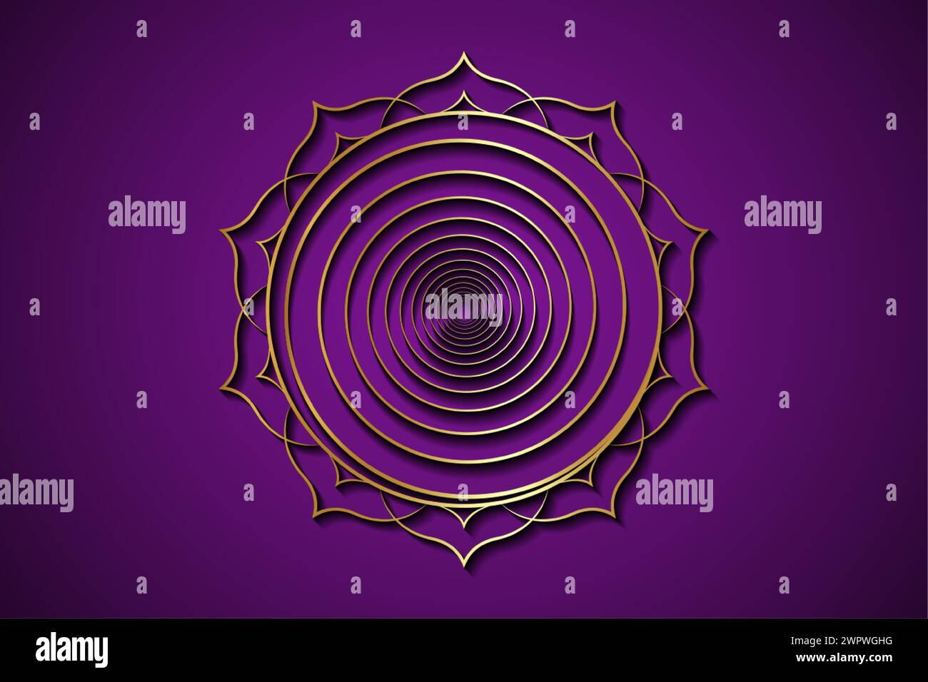 Goldene Spirale auf heiligem Lotusrahmen, luxuriöse Logo-Vorlage. Buddhismus esoterische Motive, spirituelles Yoga. Golden Lucky Mandala, Vektor-Illustration isoliert Stock Vektor