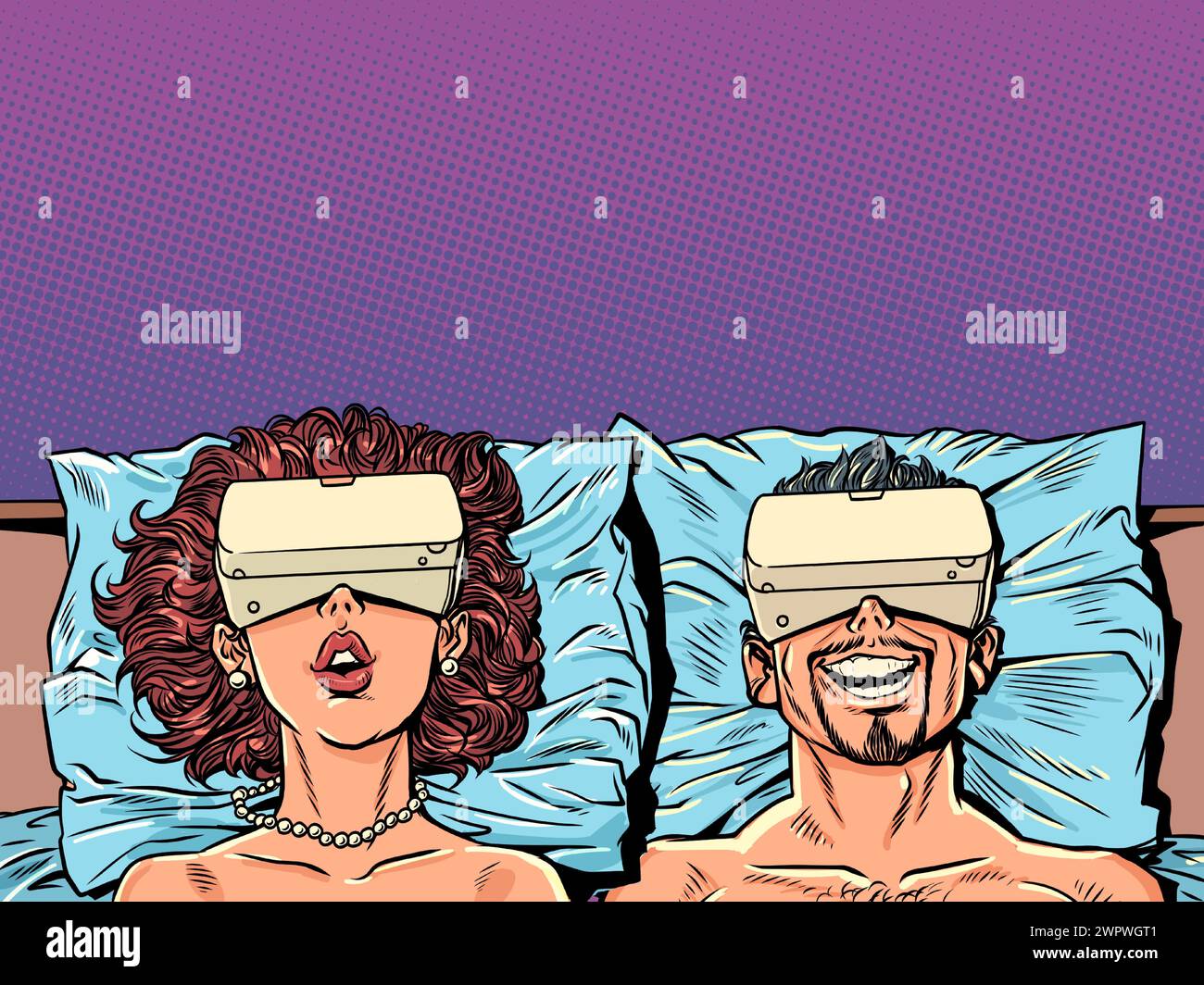 Ein Mann und eine Frau liegen mit VR-Geräten im Bett. Alternative virtuelle Realität und Interaktion mit ihr. Neue technologische Objekte als mod-Problem Stock Vektor