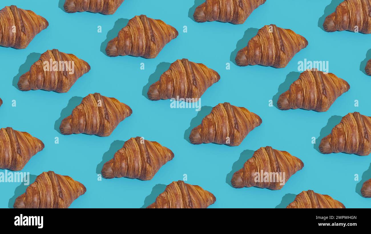 Croissants auf blauem Hintergrund, bestehend aus Mini-Versionen Stockfoto