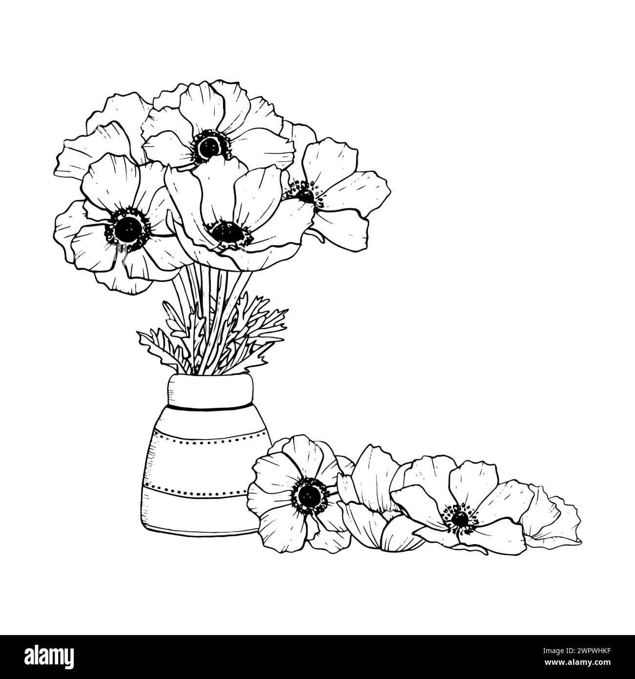 Anemonen Wildblumenstrauß in Vase und Blütenblättern Stock Vektor