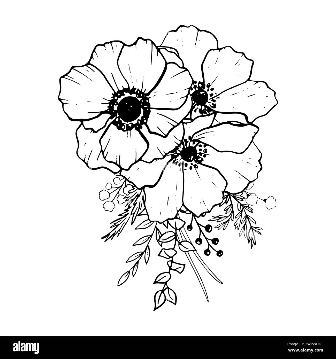 Bouquet aus schwarzer und weißer Anemonenkomposition Stock Vektor