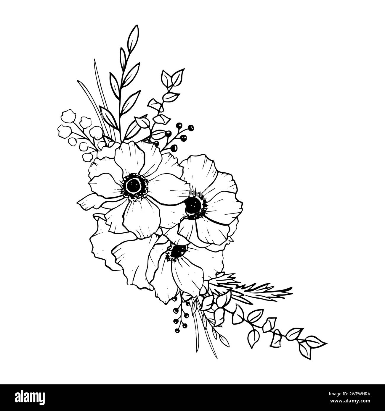 Elegante schwarz-weiße Anemonen-Eckkomposition Stock Vektor