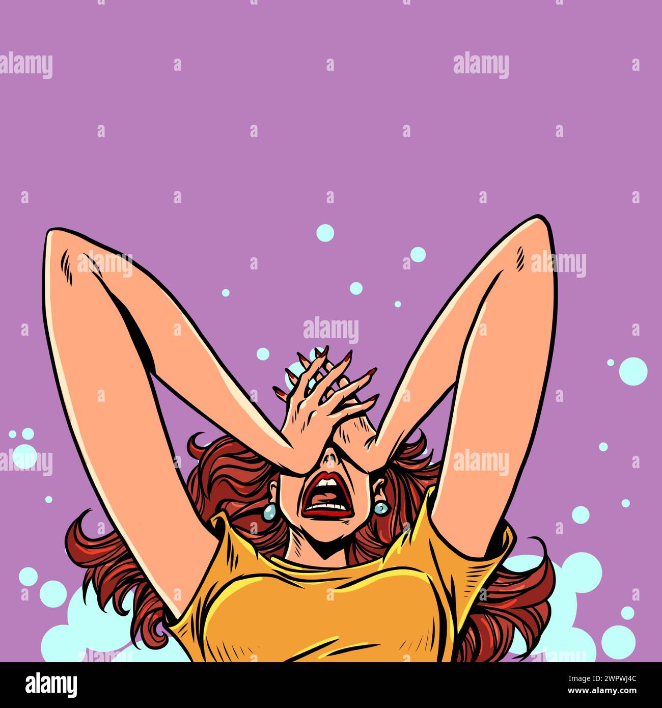 Eine in Panik geratene Frau hält ihr Gesicht mit den Händen. Eine hoffnungslose Situation für das Geschäft. Ernste Gesundheits- und Schmerzprobleme. Comic-Comic-Pop-Art-Retro-vecto Stock Vektor
