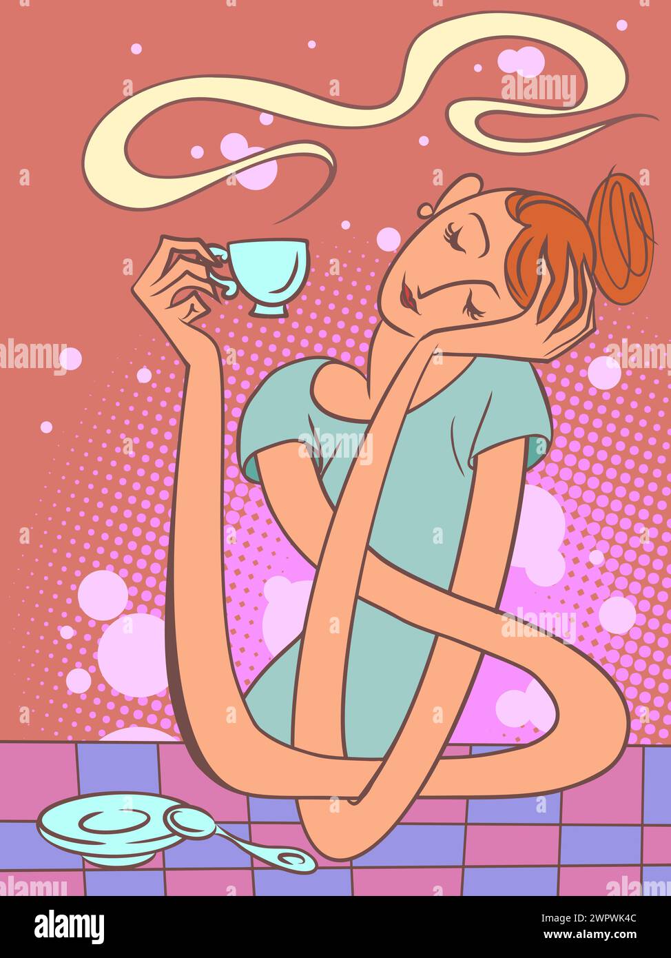 Eine Frau mit langen Armen genießt ein heißes Getränk. Harmonie mit sich selbst. Logo für ein Café oder ein Restaurant. Comic Comic Comic Pop Art Retro Vektor Illustratio Stock Vektor