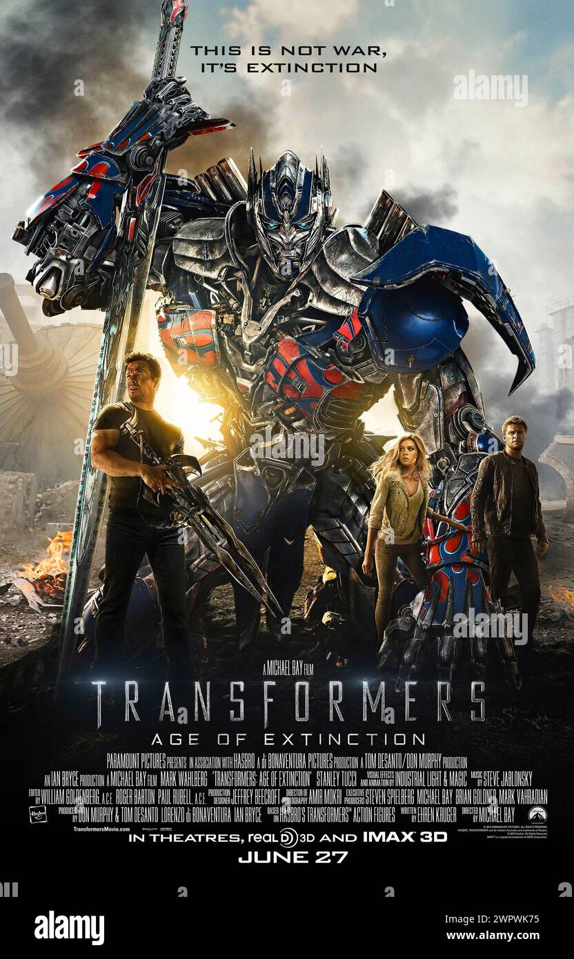 Transformers: Age of Extinction (2014) von Michael Bay mit Mark Wahlberg, Nicola Peltz Beckham und Jack Reynor. Als die Menschheit sich mit einem Kopfgeldjäger verbündet, um Optimus Prime zu erreichen, wenden sich die Autobots an einen Mechaniker und seine Familie. Foto eines Original-Posters aus dem Jahr 2014 (US-1-Blatt). ***NUR REDAKTIONELLE VERWENDUNG*** Credit: BFA / Paramount Pictures Stockfoto