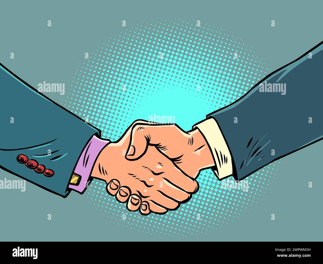 Handschlag männlicher Hände bei einem Geschäftstreffen. Gegenseitiger Respekt zwischen Vorgesetzten und Mitarbeitern. Vertrauensvolle Beziehungen zu Geschäftspartnern. Comic-Zeichentrick Stock Vektor