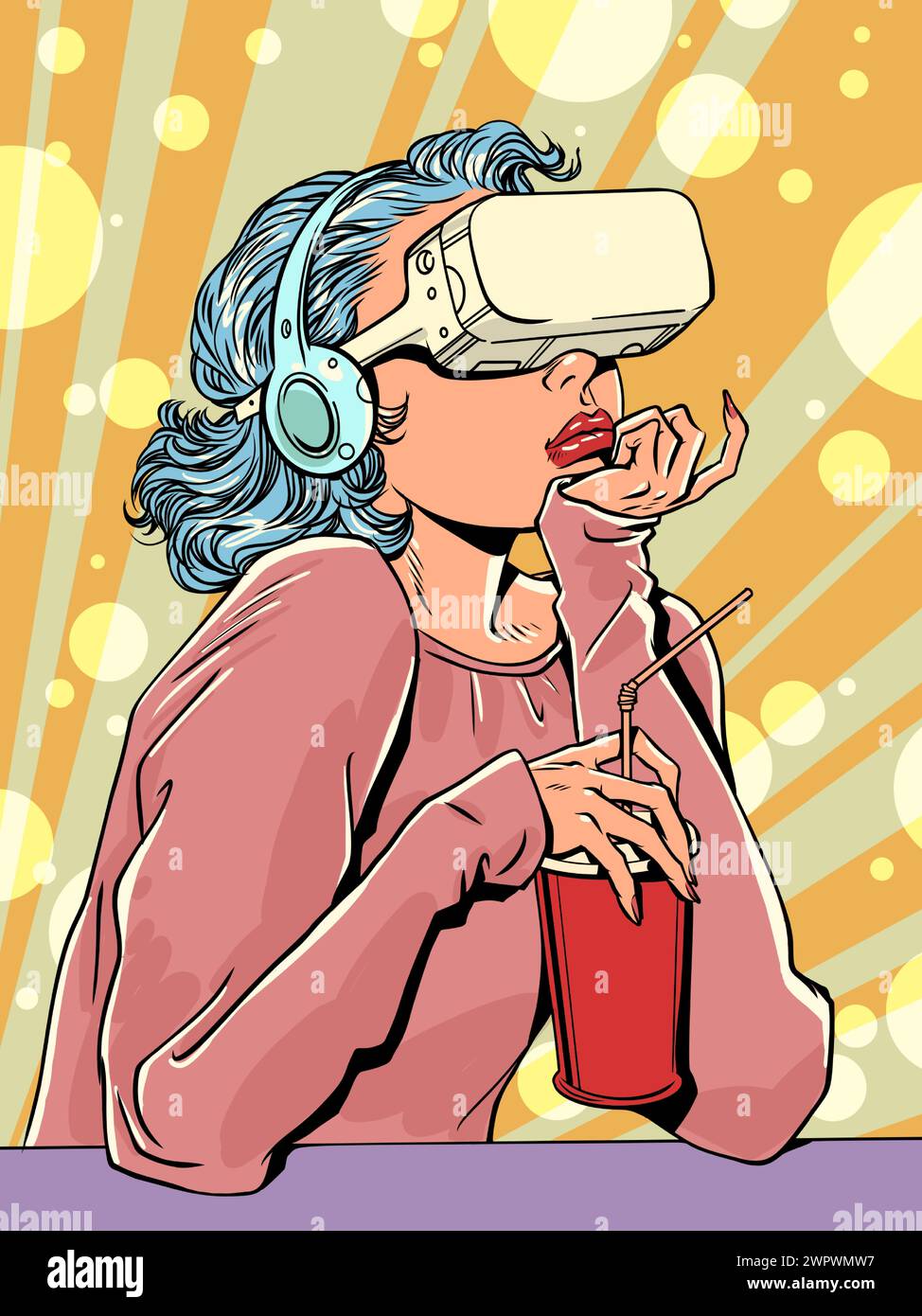 Ein Mädchen mit Kopfhörern und VR-Brillen sitzt in einem Café. Eine alternative Realität vor dem Hintergrund unseres Alltags. Neue Möglichkeiten für Sozia Stock Vektor
