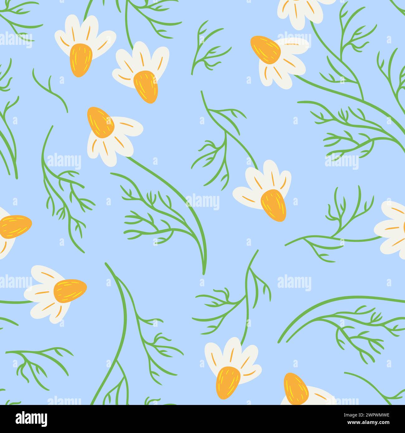 Nahtloses Muster mit Gänseblümchen, kleiner weißer Blüte und grünen Blättern. Niedliches Blumenmuster. Boho, rustikaler Stil. Für Tapeten, Stoff, Wrappi Stock Vektor