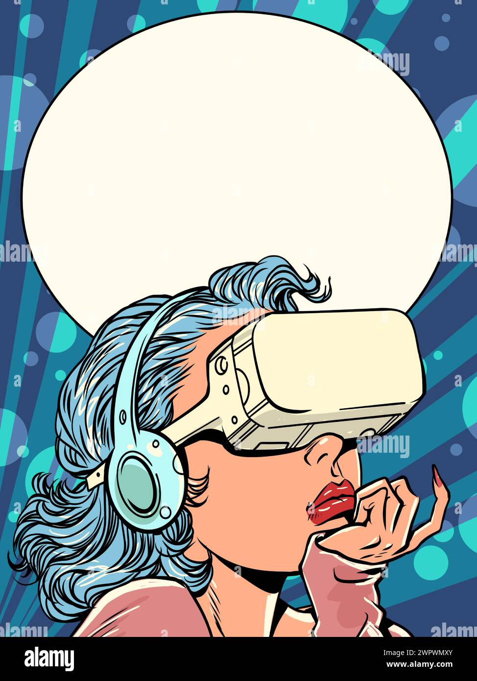 Ein Mädchen mit Kopfhörern und VR-Brillen sitzt in einem Café. Traum und Tagträume von einem alternativen Universum. Technologischer Sprung im Bereich VR-Entwicklung Stock Vektor