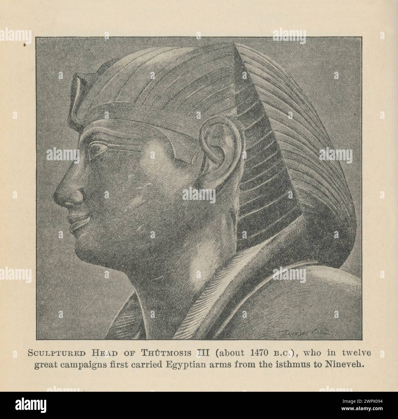Vintage-Illustration des skulpturierten Kopfes von Thutmose III. Aus einem antiken Weltgeschichte-Schulbuch - datiert 1904 - viktorianische Archäologie Stockfoto