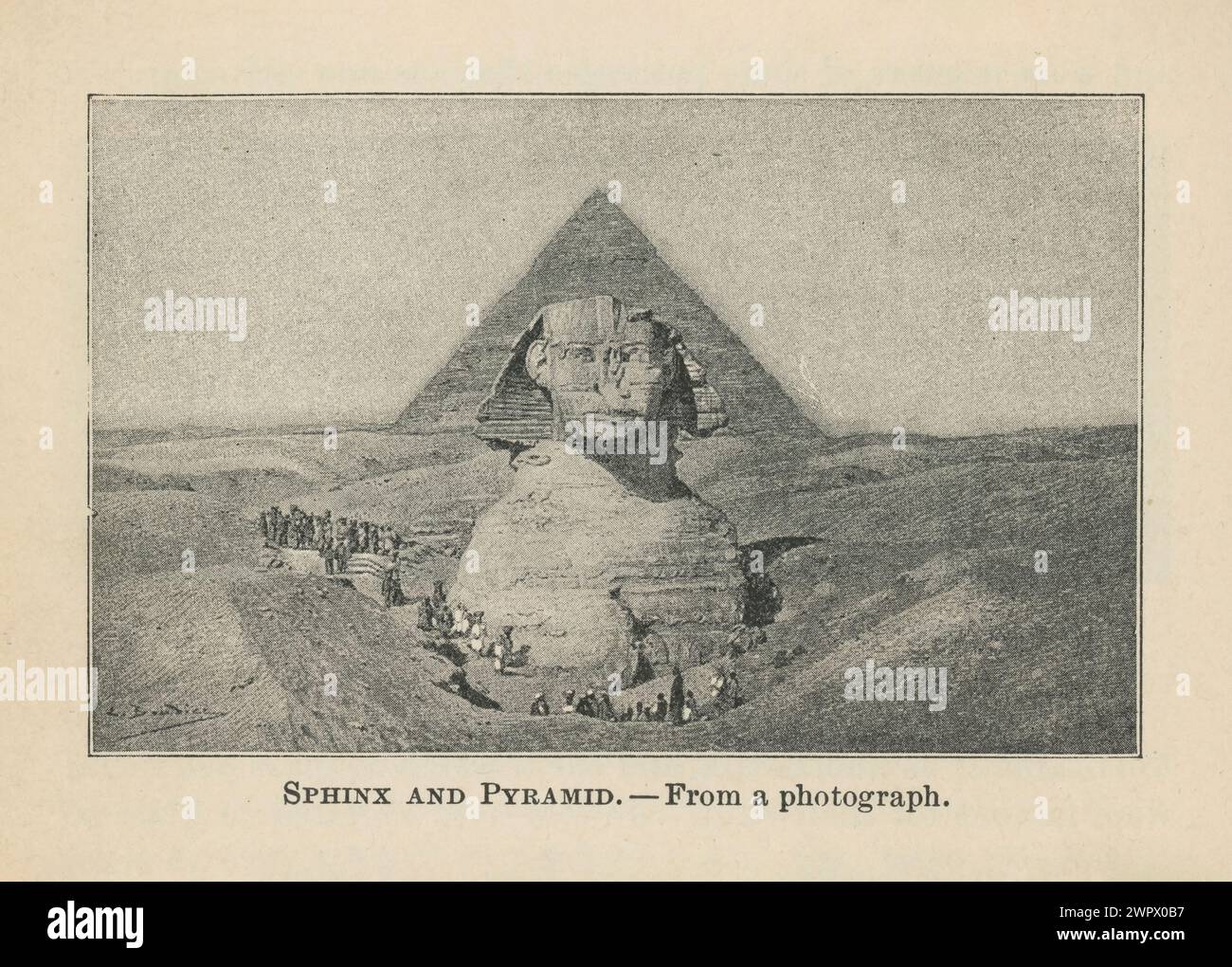 Vintage-Illustration der Großen Sphinx und Pyramide in Ägypten aus einem antiken Weltgeschichte-Schulbuch um 1904 - viktorianische archäologische Grabung Stockfoto