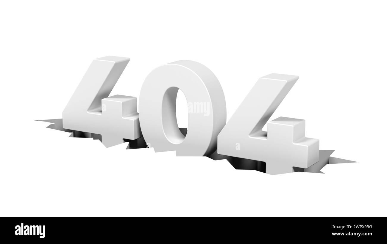 404 Fehler auf weißem Hintergrund isoliert. Seite nicht gefunden. 3D Abbildung. Stockfoto
