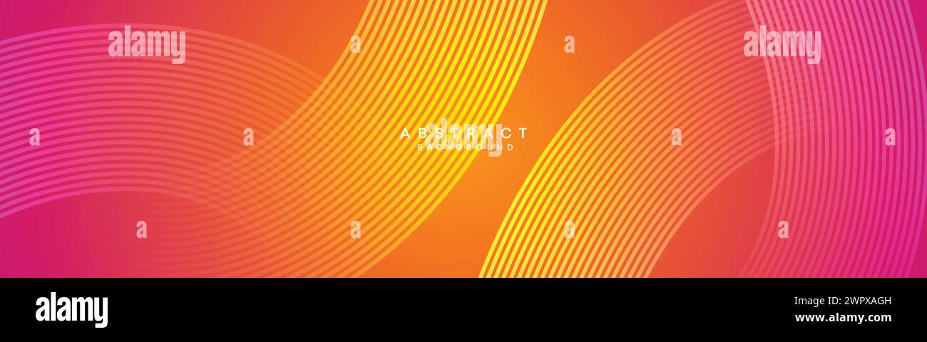Abstrakter orange-rosa Verlauf Waving Kreise Linien Technologie Web-Banner Hintergrund. Gelb-violette Farbverlauf leuchtende Linien geometrische diagonale Form Stock Vektor