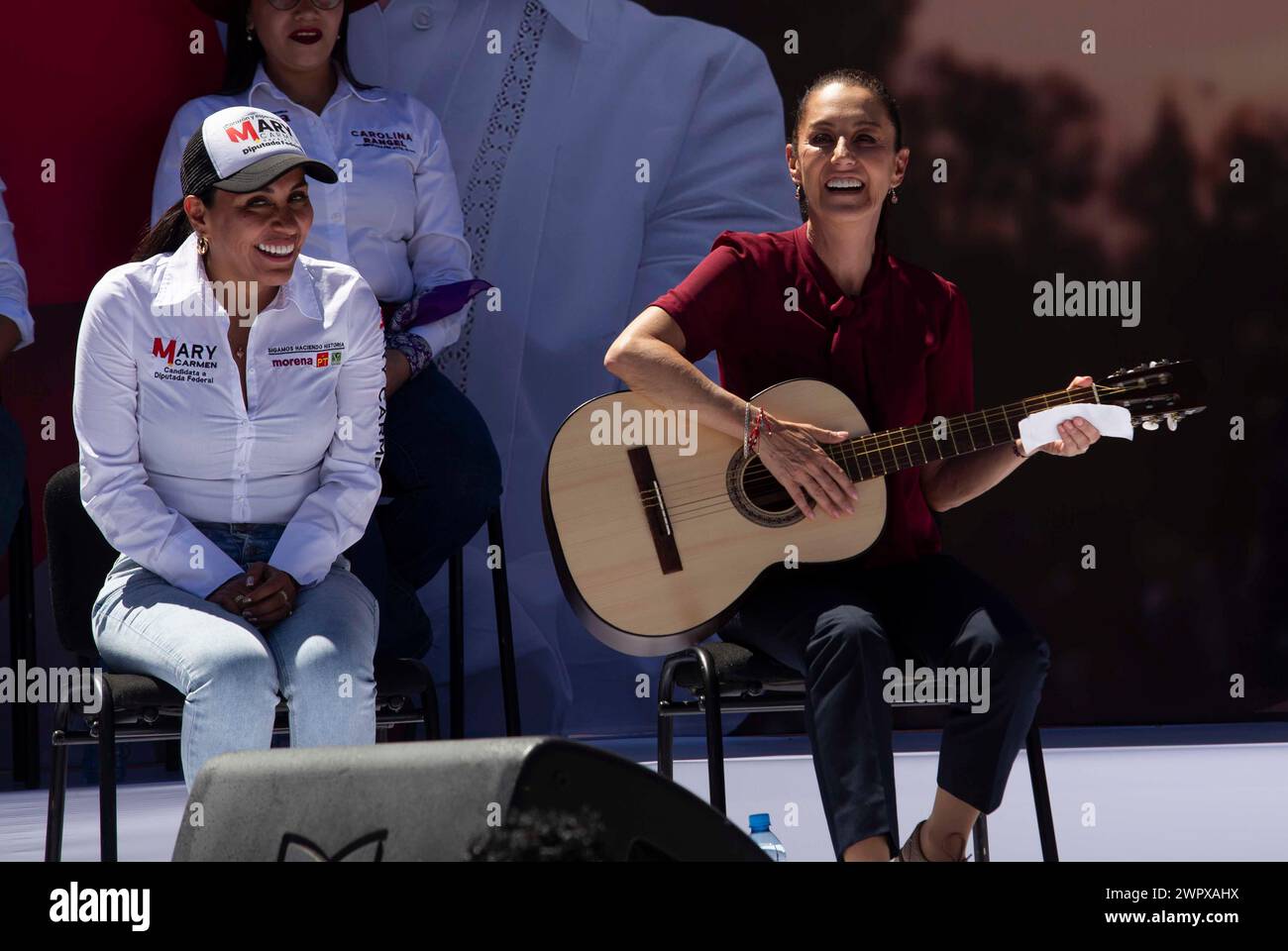 Morelia, Mexiko. März 2024. Dra. Claudia Sheinbaum während ihrer Rede im Morelos-Stadion, wo sich Hunderte von Unterstützern versammelten, um ihrer Rede zuzuhören und sie in ihrem Streben nach dem Präsidenten der Republik zu unterstützen. Quelle: Luis E Salgado/Alamy Live News Stockfoto