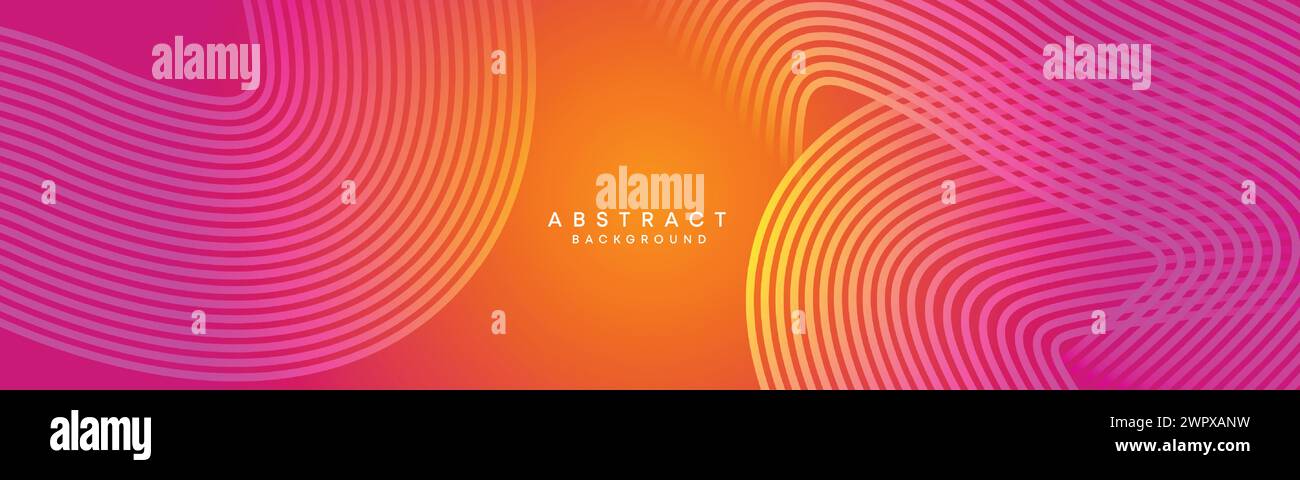 Abstrakter orange-rosa Verlauf Waving Kreise Linien Technologie Web-Banner Hintergrund. Gelb-violette Farbverlauf leuchtende Linien geometrische diagonale Form Stock Vektor