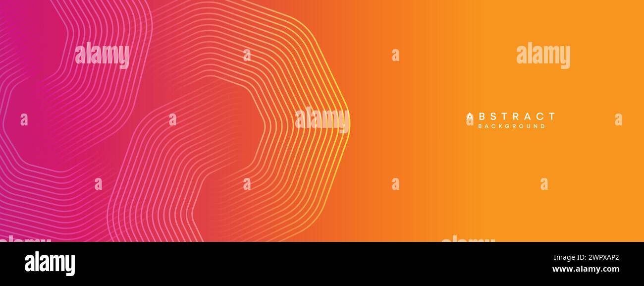 Abstrakter orange-rosa Verlauf Waving Kreise Linien Technologie Web-Banner Hintergrund. Gelb-violette Farbverlauf leuchtende Linien geometrische diagonale Form Stock Vektor