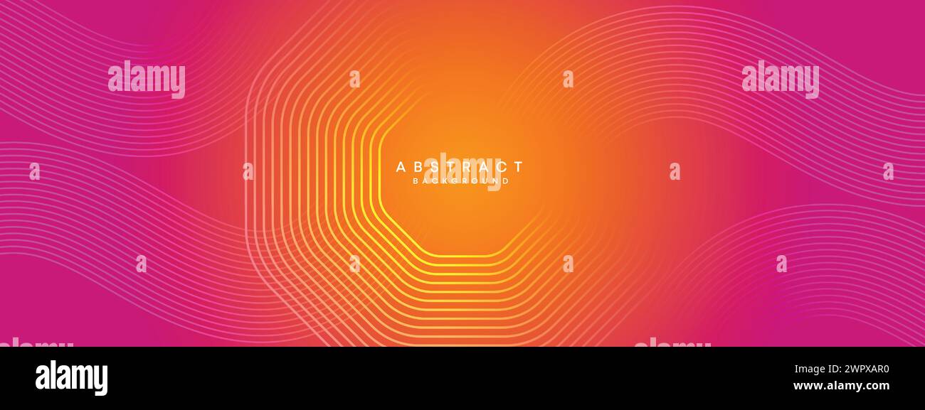 Abstrakter orange-rosa Verlauf Waving Kreise Linien Technologie Web-Banner Hintergrund. Gelb-violette Farbverlauf leuchtende Linien geometrische diagonale Form Stock Vektor