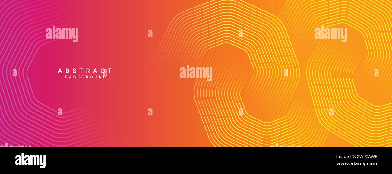Abstrakter orange-rosa Verlauf Waving Kreise Linien Technologie Web-Banner Hintergrund. Gelb-violette Farbverlauf leuchtende Linien geometrische diagonale Form Stock Vektor