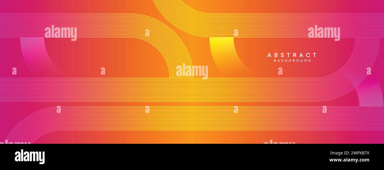 Abstrakter orange-rosa Verlauf Waving Kreise Linien Technologie Web-Banner Hintergrund. Gelb-violette Farbverlauf leuchtende Linien geometrische diagonale Form Stock Vektor
