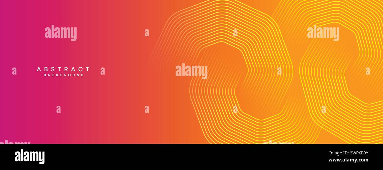 Abstrakter orange-rosa Verlauf Waving Kreise Linien Technologie Web-Banner Hintergrund. Gelb-violette Farbverlauf leuchtende Linien geometrische diagonale Form Stock Vektor