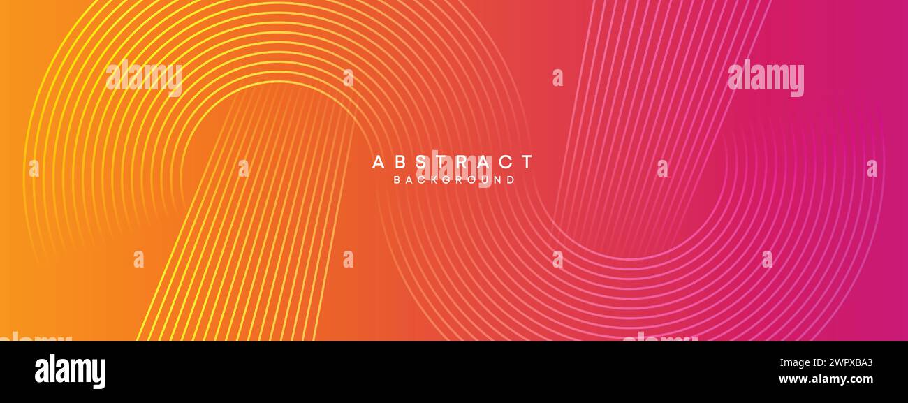 Abstrakter orange-rosa Verlauf Waving Kreise Linien Technologie Web-Banner Hintergrund. Gelb-violette Farbverlauf leuchtende Linien geometrische diagonale Form Stock Vektor