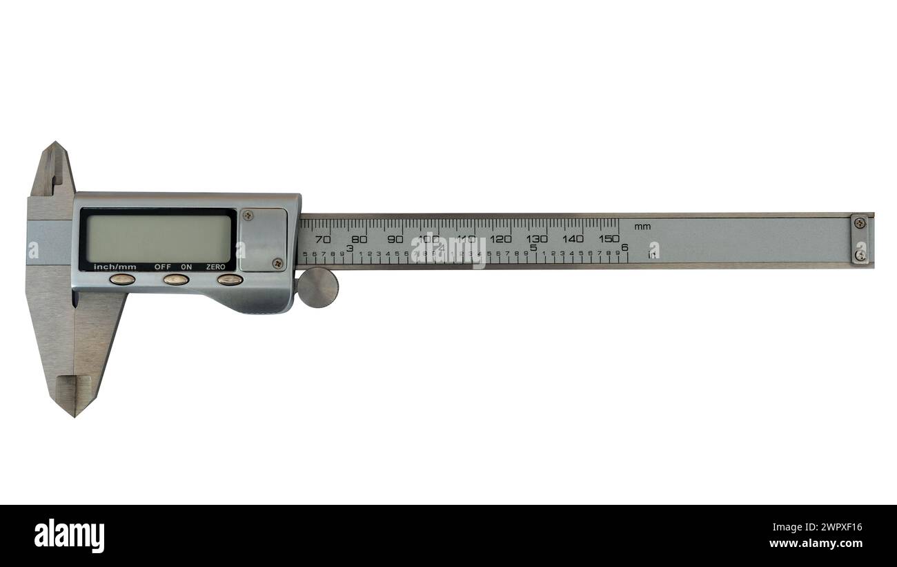 Digitaler Präzisionsschieber mit LCD-Bildschirm, isoliert auf weißem Hintergrund Stockfoto