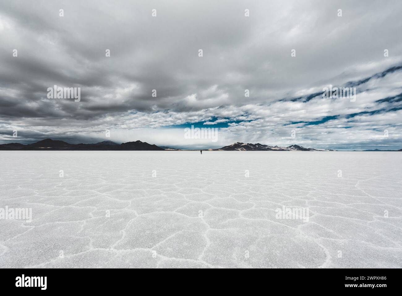 Person in der Ferne in den Bonneville Salt Flats, Utah Stockfoto