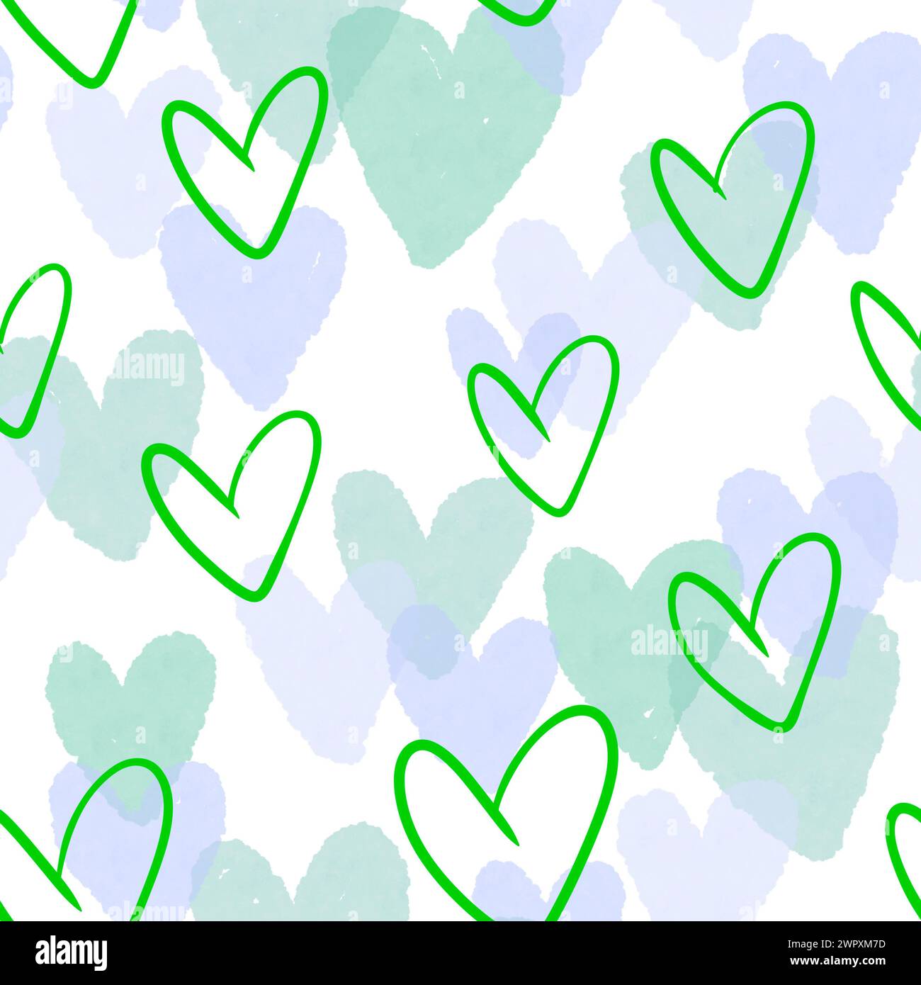 Aquarellfarben Valentinskunst Herzen nahtloses Liebesmuster zum Einpacken von Papier und Stoffen und Kinderbekleidung und Hochzeitsaccessoires und Geburtstagspackung Stockfoto