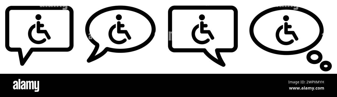 Behinderte Person mit Rollstuhlsymbol in Sprechblase, andere Version. Fragen Sie, sprechen Sie oder denken Sie über das Konzept für Behinderte nach Stock Vektor